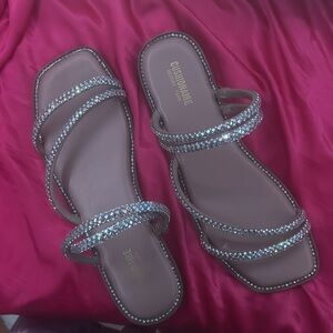 nude rhinestone cross sandals